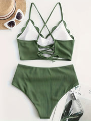 Chic High-Waist Bikini Set for Women - Solid Color, Textured Fabric with Crisscross Straps, Stretchy Polyester Blend