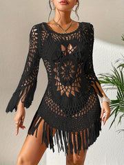 Vibrant Vacay Style Knitted Fringe Boho Cover Up Dress - Women's Swimwear & Clothing - See-Through, Hollow Out, Without Bikini, Flowy, Relaxed Fit, Beachy Chic, Summer Essential