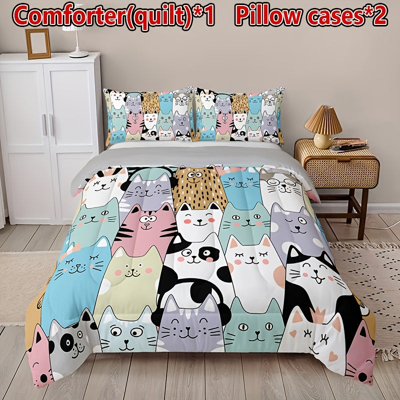 3-Piece Whimsical Cat Quilt Set - Soft, Comfortable & All-Season - Perfect for Home & Dorm (1 Quilt + 2 Pillowcases)