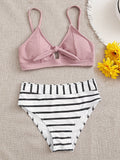 Chic 2-Piece Striped Bikini Set - V-Neck with Tie-Front, Flattering High-Cut Bottoms, Perfect for Beach and Poolside