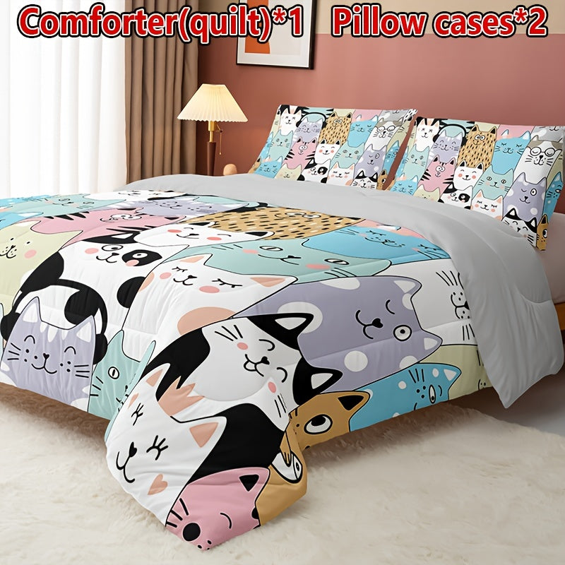 3-Piece Whimsical Cat Quilt Set - Soft, Comfortable & All-Season - Perfect for Home & Dorm (1 Quilt + 2 Pillowcases)