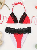 Vivid Color Block & Lace Halter Bikini Set - Deep V Neck, Adjustable Tie Back, High-Cut, Comfort Stretch Swimwear for Women