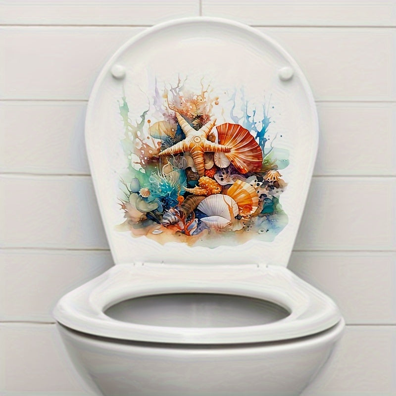 4-Pack Ocean Coral & Seahorse Toilet Lid Decals - Bathroom Marine Embellishments, PVC Self-Adhesive Toilet Seat Covers, Ceramic Surface Compatible, Removable Bathroom Renovation Decals with Matte Finish and Irregular Shape