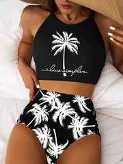 Two-Piece High-Waisted Conservative Bikini Set - Soft High Stretch Polyester, Coconut Palm Print, Random Printing, Hand Washable, Customized Knit Fabric - Perfect for Summer Beachwear and Pool Parties