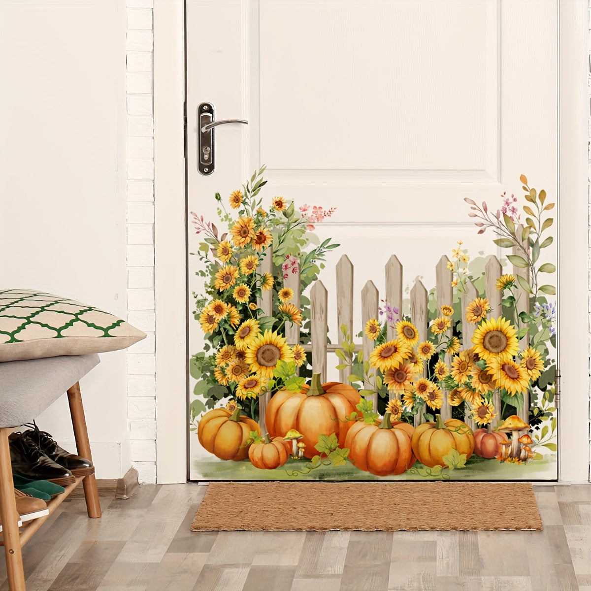 Classic Autumn Harvest Wall Decals - PVC Self-Adhesive Sunflower and Pumpkin Wall Art for Living Room and Bedroom Decor, Floral and Vegetable Garden Design, Matte Finish, Multi-Surface Application, Single Use