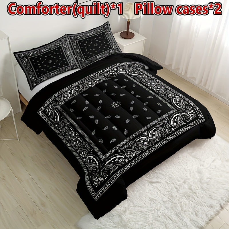 3pcs Boho Black Paisley Quilt Set (1 Quilt + 2 Pillowcases, Without Pillow Core), Four Seasons Quilted Bedding Soft Comfortable Breathable Printed Quilt For Home Dormitory