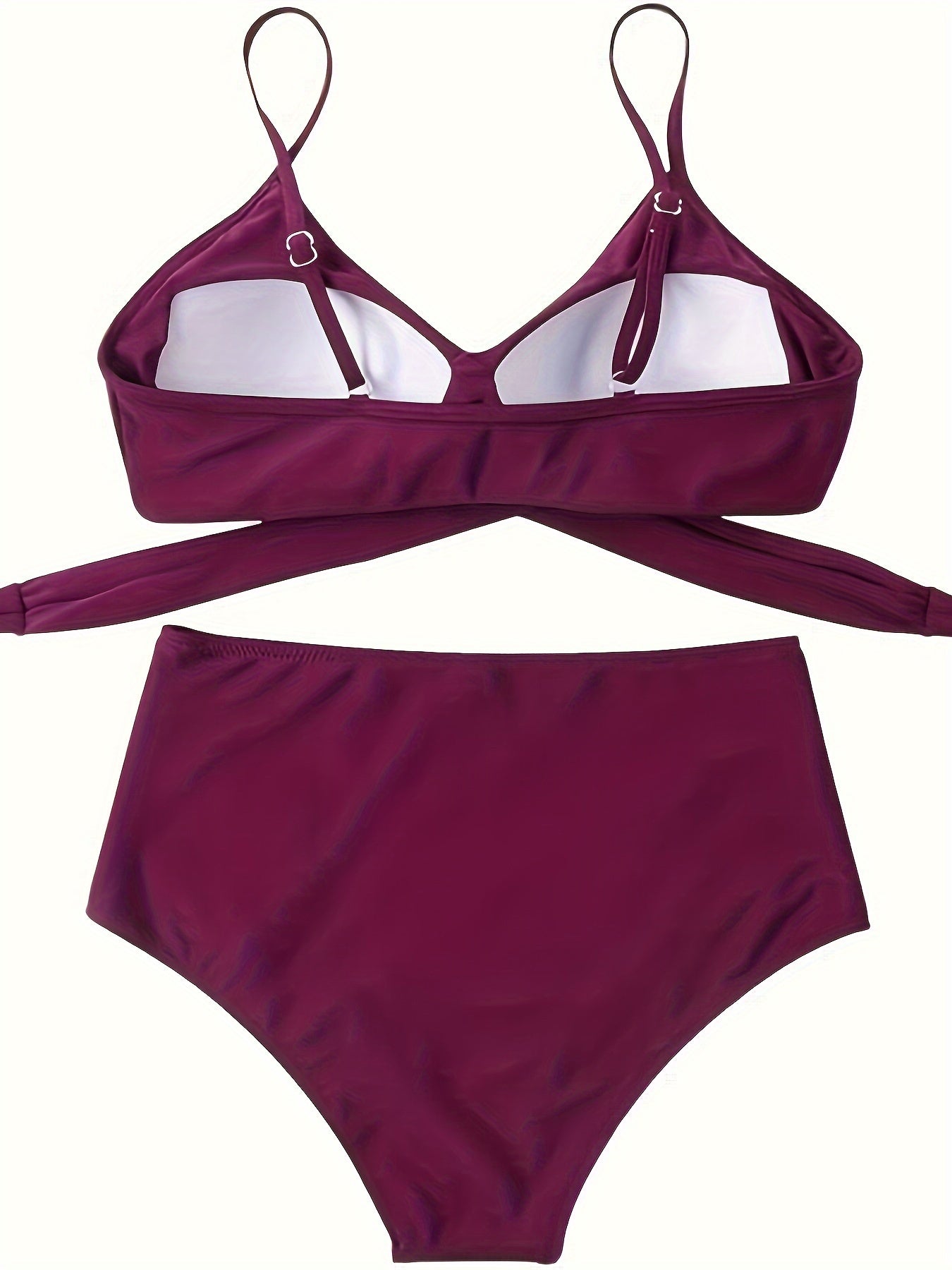 OMKAGI Elegant High-Waist Bikini Set for Women - Solid Color, Cross-Back Design with V-Neck Top & Ruched Bottoms, Machine Washable