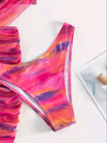 3 Piece Set Ombre Print Stretchy Swimsuits, Ruched Halter Bikini with Wrap Cover Up Skirt, Women's Swimwear & Clothing