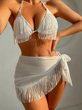 White Tassel Bikini Set with Wrap Skirt - Three-piece Set Backless Beach Swimwear