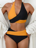 2-Piece Chic Black & White Color Block Bikini Set, Halter Tie Neck & Backless Design, Medium Stretch for Supreme Comfort - Ideal for Poolside & Beachwear