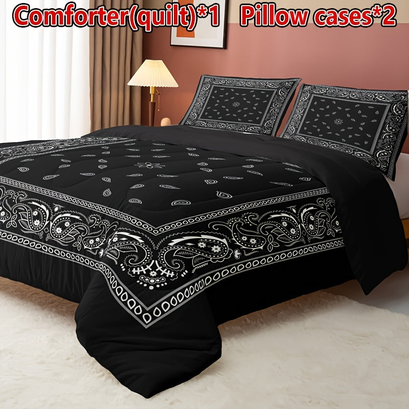 3pcs Boho Black Paisley Quilt Set (1 Quilt + 2 Pillowcases, Without Pillow Core), Four Seasons Quilted Bedding Soft Comfortable Breathable Printed Quilt For Home Dormitory