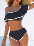 Chic One-Shoulder High-Waisted Bikini Set for Women - High Stretch, Solid Color, Polyester & Elastane Blend Knit Fabric Swimsuit