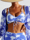 Women's 3-Piece Bikini Set With Long Sleeve Cover Up, Abstract Print, Beachwear, Swimsuit, Summer Fashion