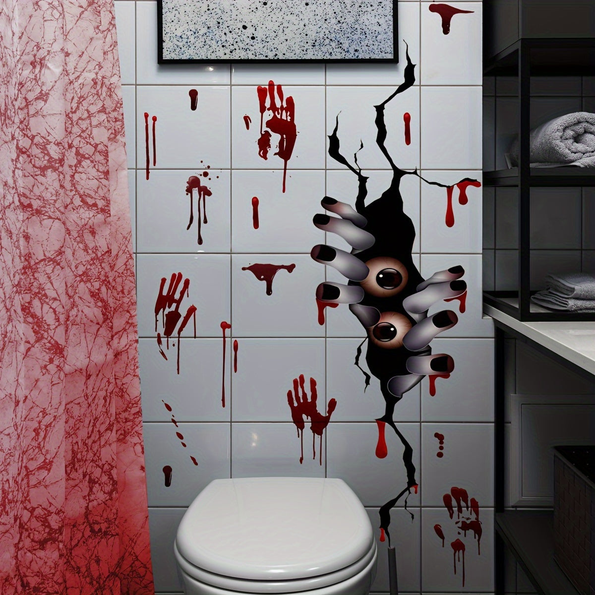 Spooky Halloween 3D Wall Decals - Peeking Blood Handprint Design for Fridge, Cabinet & Bathroom Decor, Easy Stick-On PVC