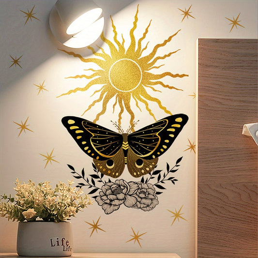 Sun, Moon & Butterfly Floral Wall Decals - Self-Adhesive PVC Stickers for Living Room and Bedroom Decor, Matte Finish