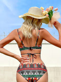 Vibrant Tribal Print Two Piece Bikini Sets - Women's Swimwear Triangle Top with Criss Cross Layered Centre Core Tie Back, Ladder Straps, Side Low Waist, and All Over Print Design - Perfect for Beach and Pool Time