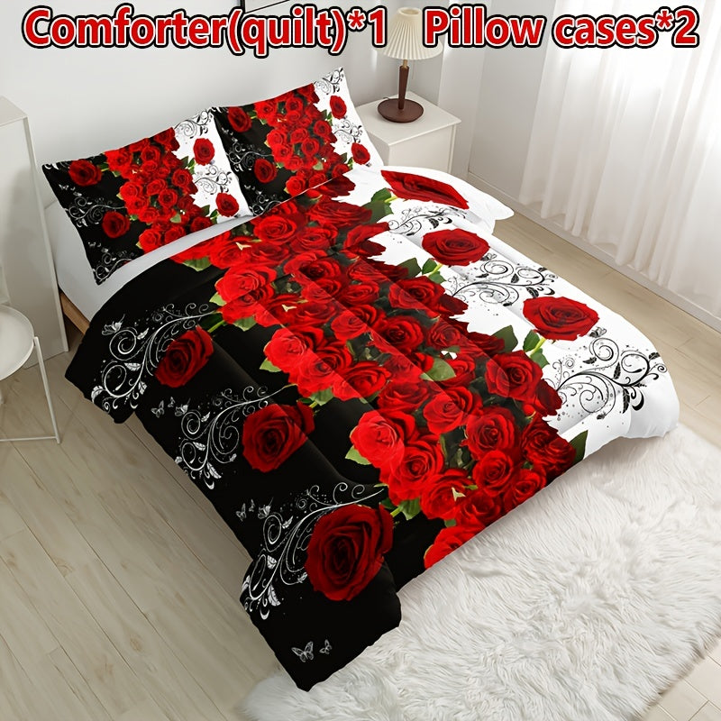 3pcs Romantic Red Rose Floral Quilt Set (1 Quilt + 2 Pillowcase Without Pillow Insert), Valentine's Day Quilted Bedding Set Soft Comfortable Breathable Printed Home Dorm For All Season