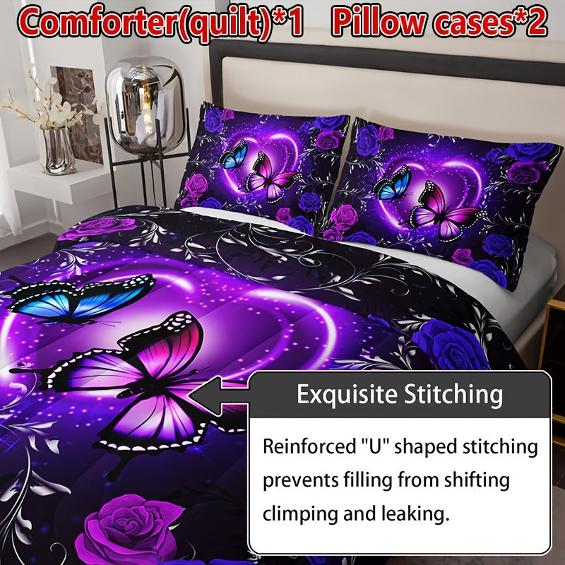 3pcs Purple Butterfly Floral Quilt Set (1 Quilt + 2 Pillowcase Without Pillow Insert), All Season Quilted Bedding Soft Comfortable Breathable Print Quilt For Home Dormitory