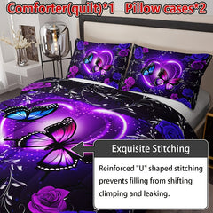 3pcs Purple Butterfly Floral Quilt Set (1 Quilt + 2 Pillowcase Without Pillow Insert), All Season Quilted Bedding Soft Comfortable Breathable Print Quilt For Home Dormitory