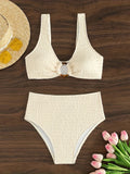 Solid Color Sexy 2 Piece Set Bikini, Ring-Linked High Cut Swimsuits, Women's Swimwear & Clothing