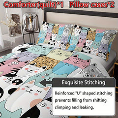 3-Piece Whimsical Cat Quilt Set - Soft, Comfortable & All-Season - Perfect for Home & Dorm (1 Quilt + 2 Pillowcases)