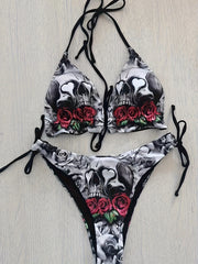 Gothic Skull Floral Print Tie Strap 2 Piece Set Bikini, High Stretch Halter Spaghetti Strap Halloween Swimsuits, Women's Swimwear & Clothing Valentine's Day Carnaval & Music Festival Triangle Top