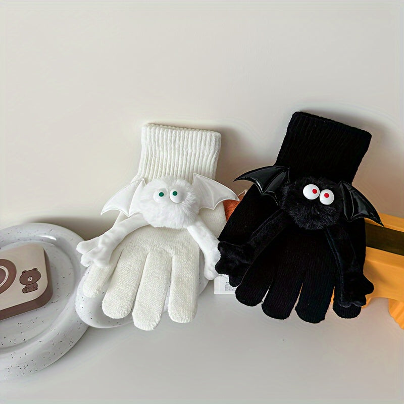 Couples' Winter Acrylic Woven Bat Hand Puppet Five-Finger Touchscreen Compatible Mittens with Magnetic Attraction - Hand Wash Only