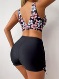 Floral Print Bikini Set with High-Waisted Shorts - Polyester and Spandex Blend, Knit Fabric, Sleeveless, Tie Detail, No Steel Bands, for Swimming