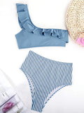 2 Piece Ruffle One Shoulder Stripes Print Bikini Set - High Waist Tummy Control, Asymmetric, Blue, Stretchy, Beach Swimsuit for Women
