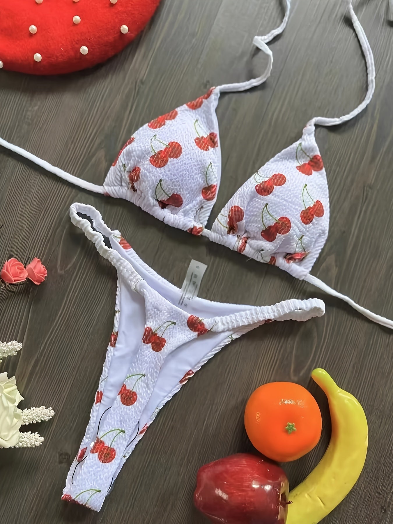 2-Piece Cherry Pattern Bikini Set - Flattering Halter V-Neck & High-Cut Thong Design, Tie-Back Backless Detail, Perfect for Beachwear & Poolside Fashion