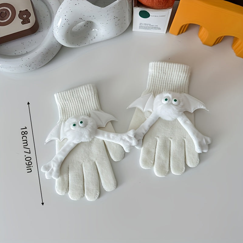 Couples' Winter Acrylic Woven Bat Hand Puppet Five-Finger Touchscreen Compatible Mittens with Magnetic Attraction - Hand Wash Only