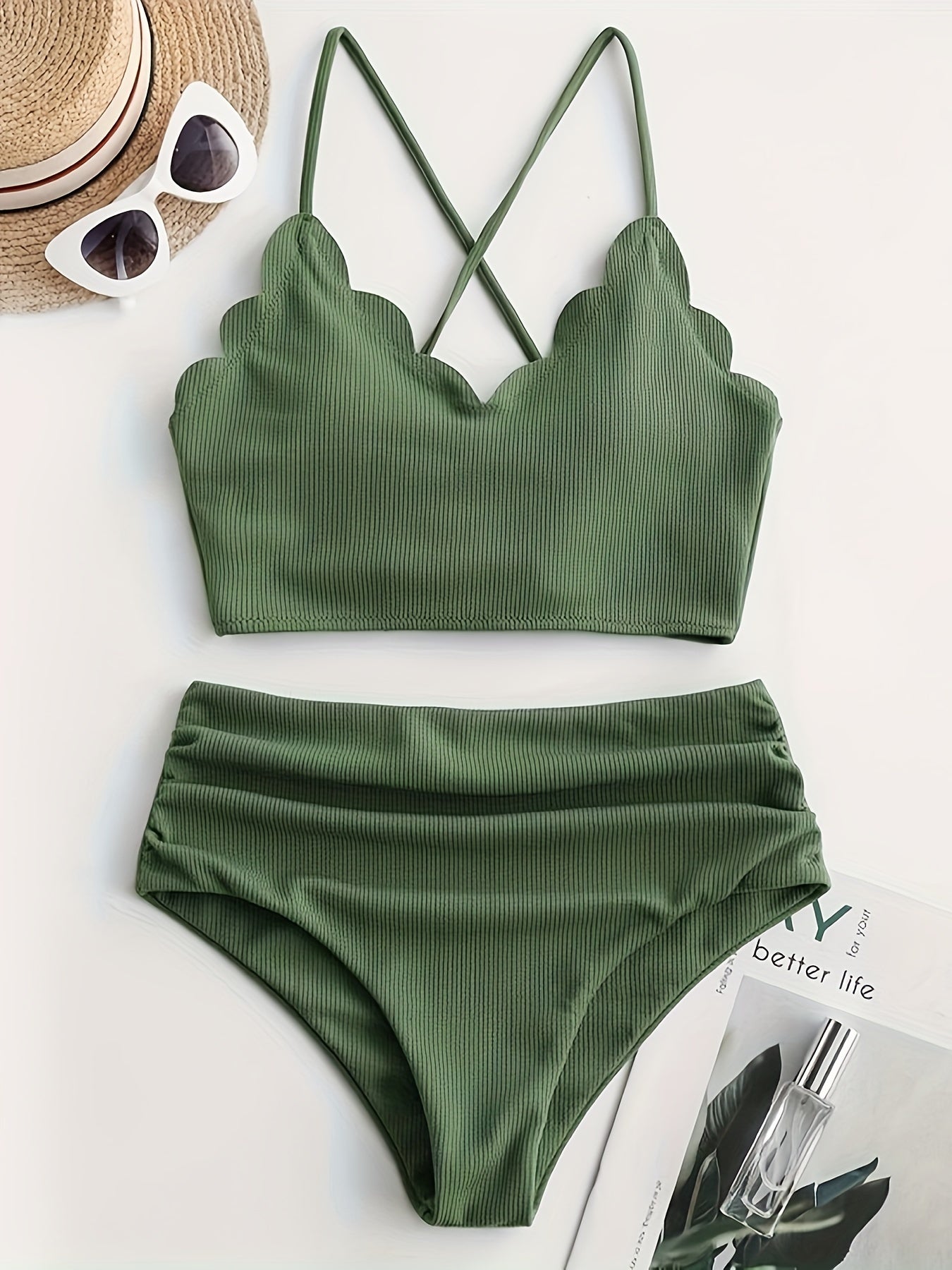 Chic High-Waist Bikini Set for Women - Solid Color, Textured Fabric with Crisscross Straps, Stretchy Polyester Blend