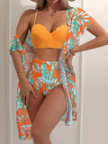 3 Piece Tropical Print High Waist Bikini Set - Off the Shoulder, High Stretch, Semi-Sheer, Polyester Fabric, Random Printing, Knit Swimsuits for Women - Perfect for Swimming and Beach Activities