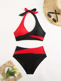 2 Piece Color Block Crisscross Halter Tie Strap Backless Bikini Set - Women's Swimwear & Clothing - Sexy Summer Beachwear for Ladies