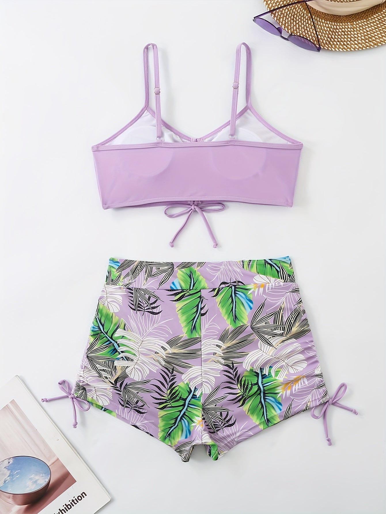 Tropical Leaf Print Two-Piece High Waist Bikini Sets - Spaghetti Strap, Drawstring Shorts, High Stretch Polyester, Machine Washable, Customized Fit - Perfect for Swimming, Womens Swimwear & Clothing