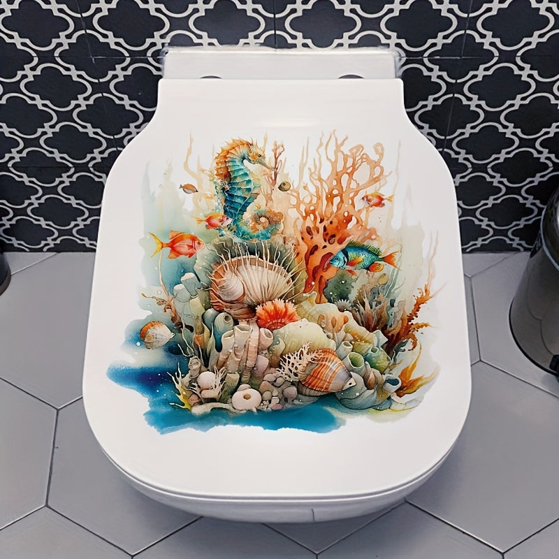 4-Pack Ocean Coral & Seahorse Toilet Lid Decals - Bathroom Marine Embellishments, PVC Self-Adhesive Toilet Seat Covers, Ceramic Surface Compatible, Removable Bathroom Renovation Decals with Matte Finish and Irregular Shape