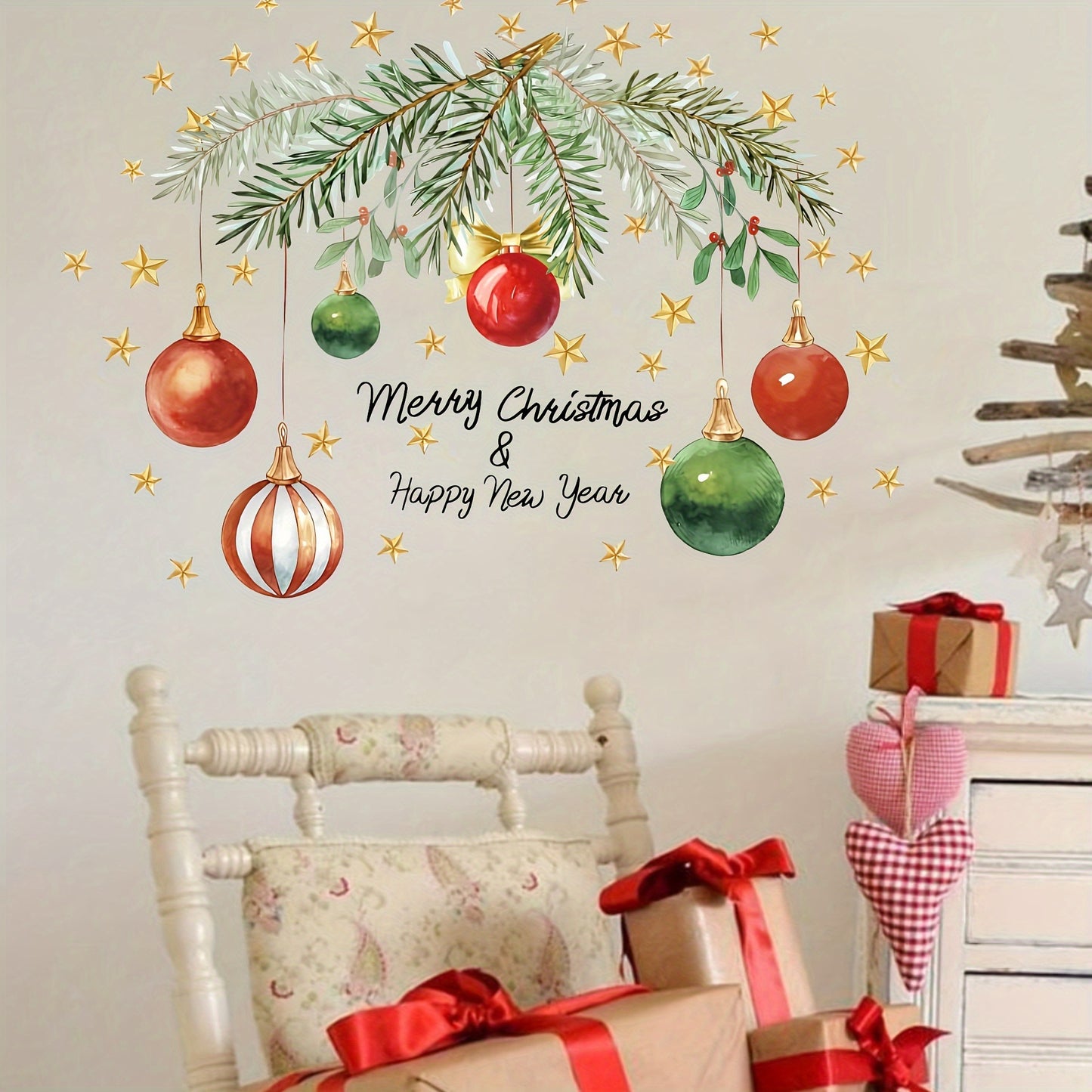 Rustic Christmas Wall Decals, "Merry Christmas & Happy New Year" Festive Wall Stickers, Removable PVC Ceramic Surface, One-Time Use, Self-Adhesive, Battery-Free, Home & Kitchen Decor