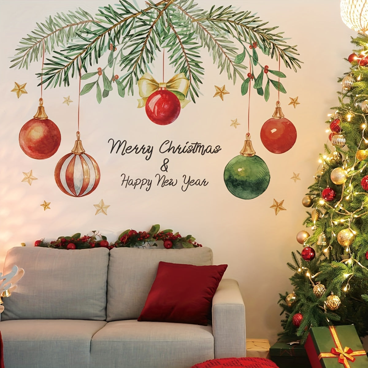 Rustic Christmas Wall Decals, "Merry Christmas & Happy New Year" Festive Wall Stickers, Removable PVC Ceramic Surface, One-Time Use, Self-Adhesive, Battery-Free, Home & Kitchen Decor