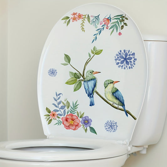 Charming Bird & Floral Toilet Lid Decal - Matte Finish, Self-Adhesive Bathroom Wall Sticker for Easy Installation