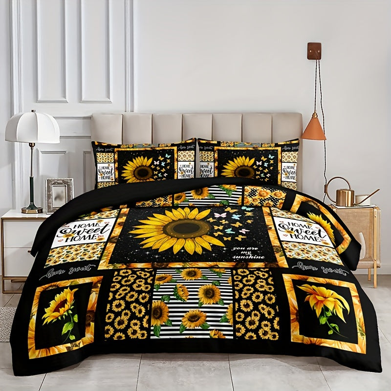 3pcs Sunflower Flower Print Duvet Cover Set - Vibrant Fashion Pastoral Style, Ultra-Soft and Breathable Fabric, Complete Set with 1 Duvet Cover and 2 Pillowcases, Perfect for Bedrooms and Guest Rooms