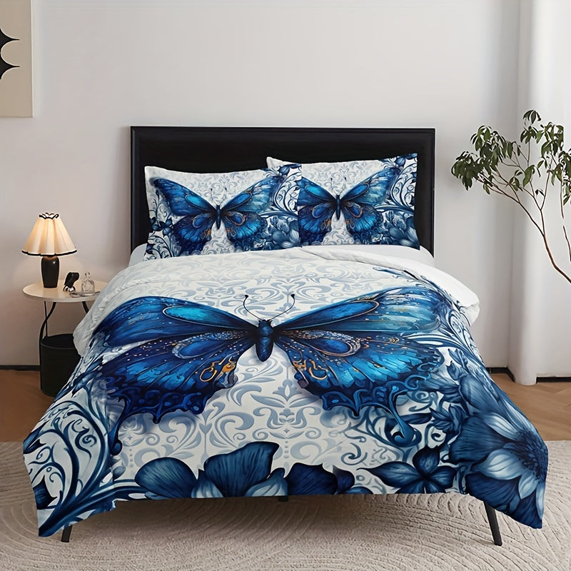 Luxury Blue Butterfly 3pc Bedding Set: Breathable, All-Season Duvet Cover & Pillowcases, Easy Maintenance for Comfort & Style