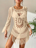 Vibrant Vacay Style Knitted Fringe Boho Cover Up Dress - Women's Swimwear & Clothing - See-Through, Hollow Out, Without Bikini, Flowy, Relaxed Fit, Beachy Chic, Summer Essential