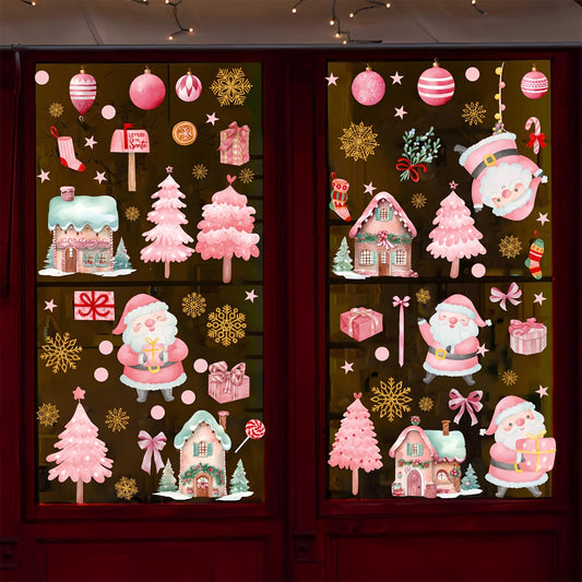 Christmas Window Stickers Pink Watercolor, Set of 6 PVC Sheets Featuring Santa Claus, Snowflakes, Christmas Trees & Festive Houses, Contemporary Self-Adhesive Holiday Decorations, Single Use Wall Clings