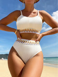 Chic 2-Piece Contrast Band Bikini Set - Round Neck, High-Waisted Bottoms, Stretch Comfort - Ideal for Beachwear & Poolside Fashion