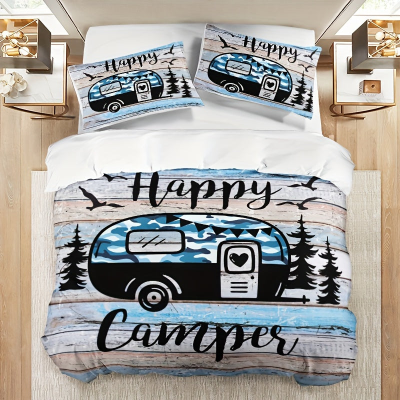 3-Piece Camping Forest Car Print Duvet Cover Set - Soft, Comfortable, and Fashionable Bedding for Bedroom and Guest Room - Includes 1 Duvet Cover and 2 Pillowcases, No Filling