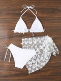 3-Piece Women’s Swimwear Set - Classic Solid Butterfly Applique, Playful Lettuce Trim & Tie-Halter Design - Perfect for Beach & Pool