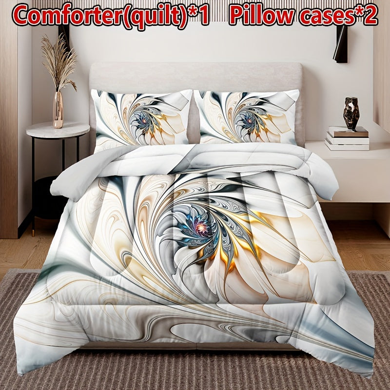 All-Season Elegance: 3pc Soft Woven Marble Pattern Quilt & Pillowcase Set, Easy-Care Polyester