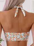 Two-Piece High-Waisted Women's Bikini Swimwear, Supportive Halter Top, Floral Pattern, Summer Beachwear