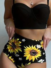 Elegant High-Waisted Sunflower Print Bikini Set, Strapless Polyester Knit Fabric with Elastane, High Stretch Floral Two-Piece Swimsuit with Knotted Detail