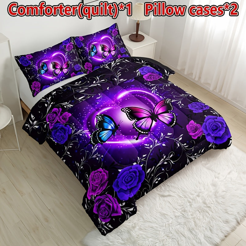 3pcs Purple Butterfly Floral Quilt Set (1 Quilt + 2 Pillowcase Without Pillow Insert), All Season Quilted Bedding Soft Comfortable Breathable Print Quilt For Home Dormitory